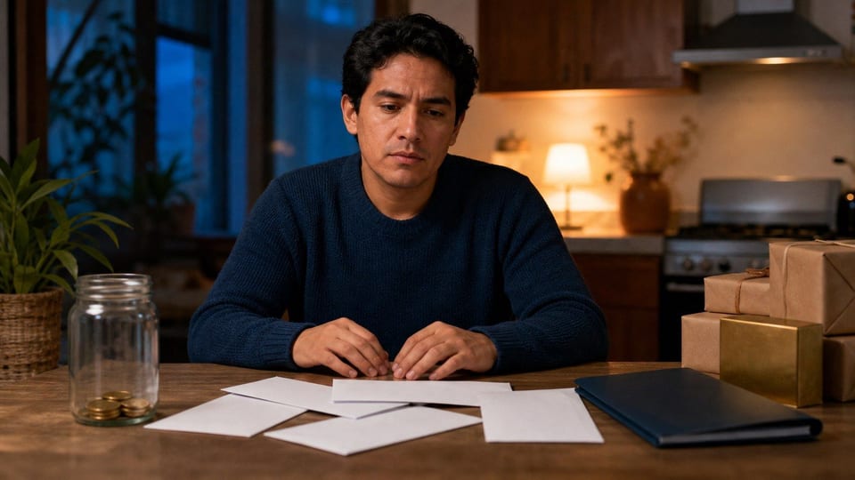 Persona revisando el presupuesto de enero con sobres de pagos y un frasco de ahorros casi vacío.