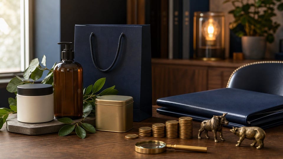 Een bankierstafel met lege consumentenproducten, muntenstapels, een portfoliomap, een vergrootglas en kleine beleggersfiguurtjes.