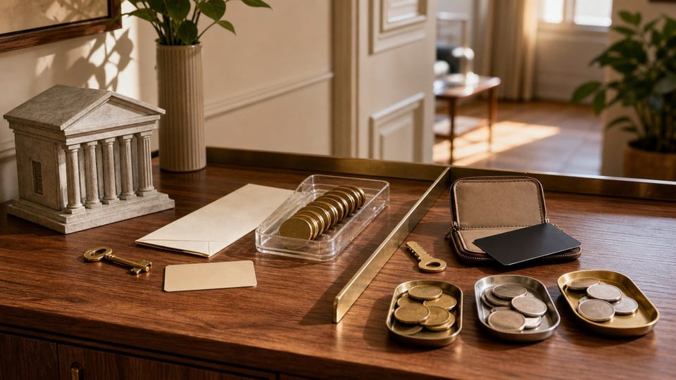 Une banque principale complète est comparée à un compte de voyage multidevise avec cartes, clés et plateaux de monnaie.