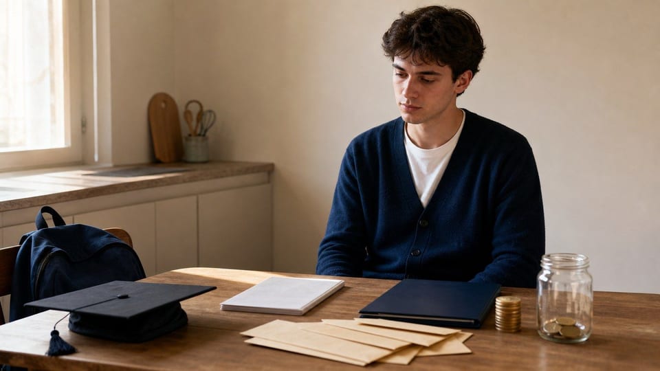 Un étudiant prépare le financement de ses études avec un dossier de prêt, des enveloppes et un bocal d'épargne.