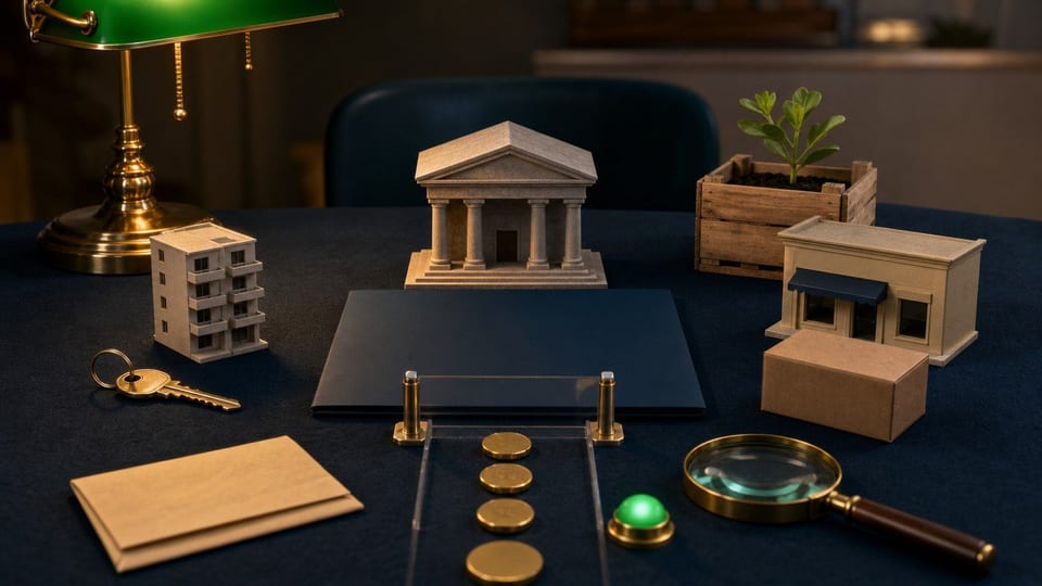 Escritorio de préstamos públicos con edificio gubernamental, llave de vivienda, negocio pequeño, carpeta y monedas.
