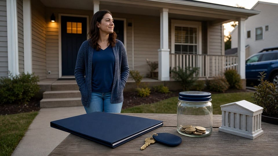 A first-time homebuyer stands outside a modest starter home beside a blank mortgage folder, keys, and a small down-payment jar.