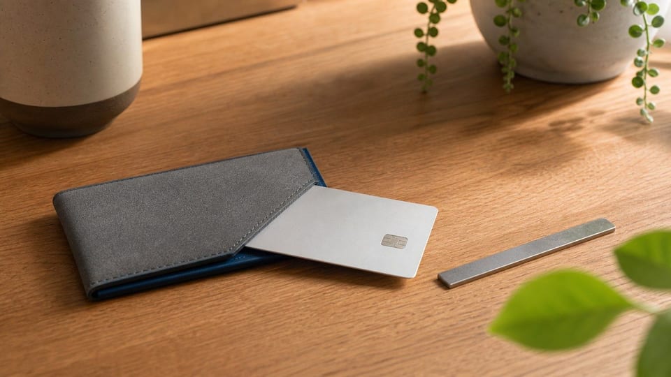 Tarjeta bancaria blanca sin logotipos saliendo de una cartera junto a una regla lisa sobre una mesa de madera.
