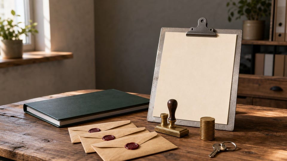 Mesa de escritorio com certificado em prancheta, carimbo, envelopes de pagamento e moedas ao lado de uma pasta verde.