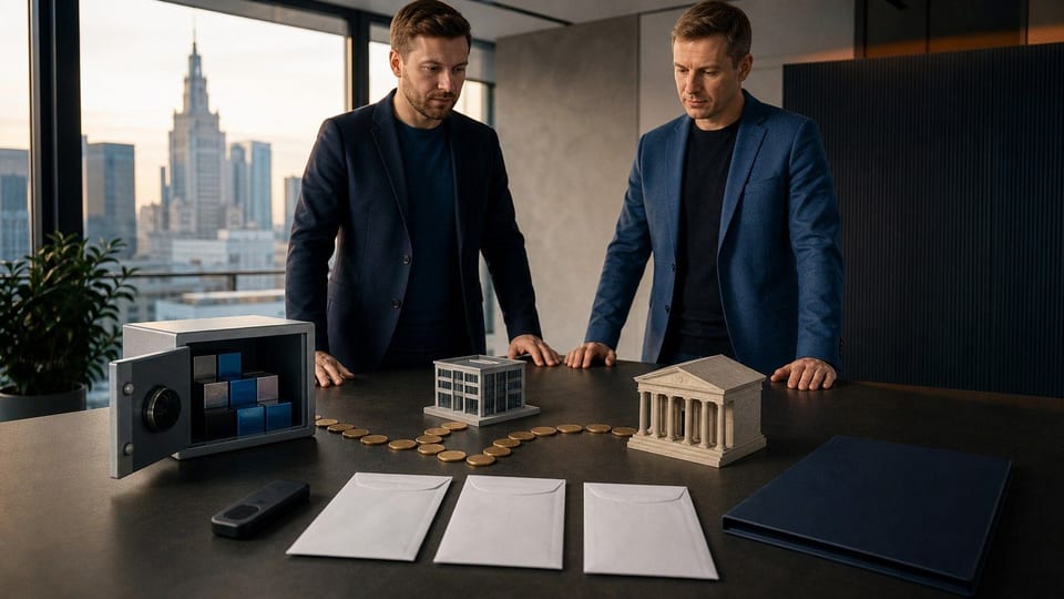 Dwóch założycieli firmy krypto omawia zgodność regulacyjną przy stole z tokenami, sejfem i dokumentami.