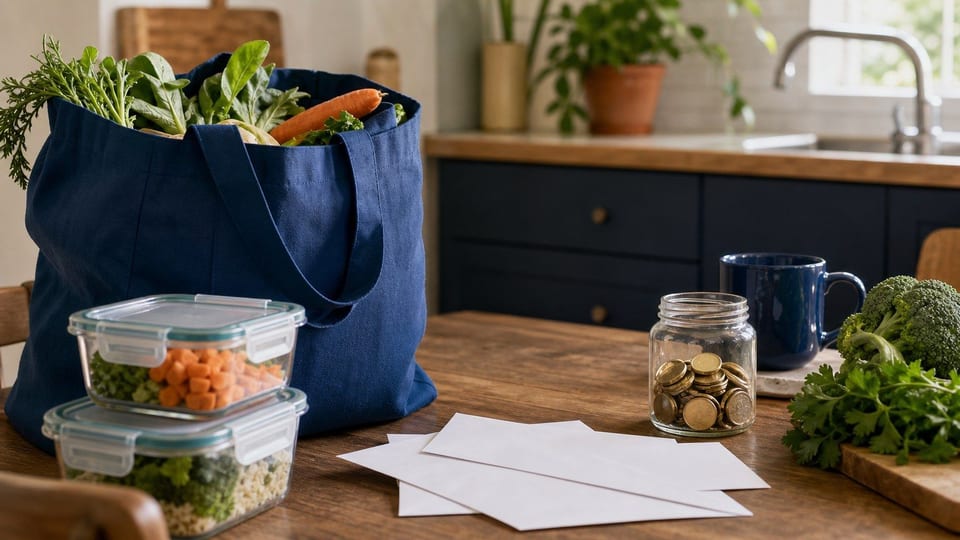 Mesa de cocina con bolsa reutilizable, sobres de presupuesto y un frasco de ahorro con monedas sin marcas.