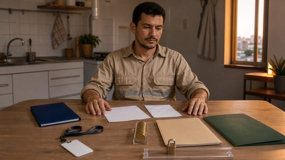 Trabalhador brasileiro compara documentos de salário e empréstimo consignado CLT em uma mesa de cozinha.