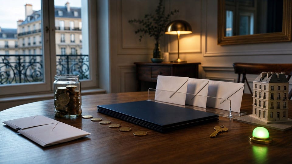 Une table présente des revenus, des charges et un dossier de prêt immobilier autour d'une clé et d'un modèle d'appartement.