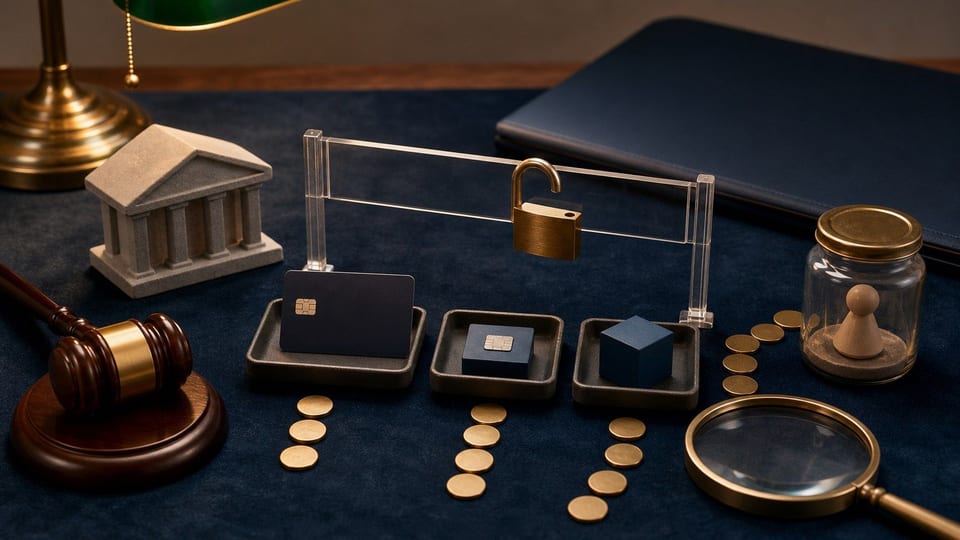 Mesa de cumplimiento fintech con un mazo, tarjetas en blanco, un candado y bandejas de servicios financieros.