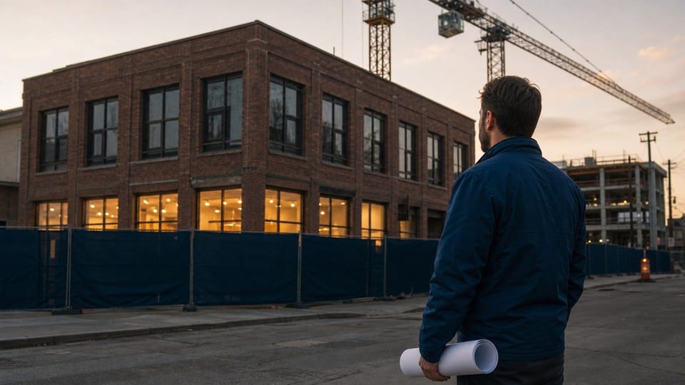 A low-rise brick commercial building at dusk with a tower crane beside it and navy construction fencing