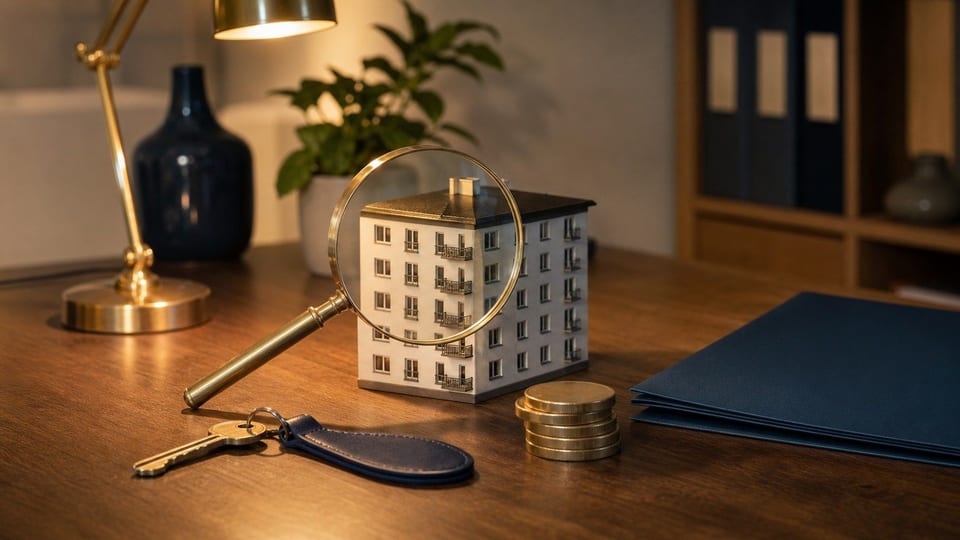 Une maquette d’immeuble, une clé et des pièces sont examinées sur un bureau d’investissement.