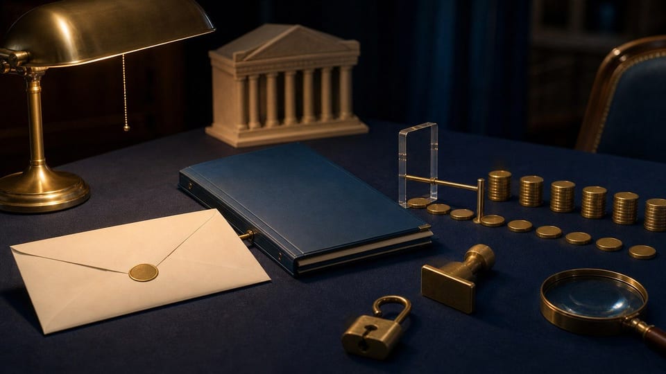 Mesa de autorização de empréstimo consignado com envelope de salário, carimbo em branco e parcelas organizadas.