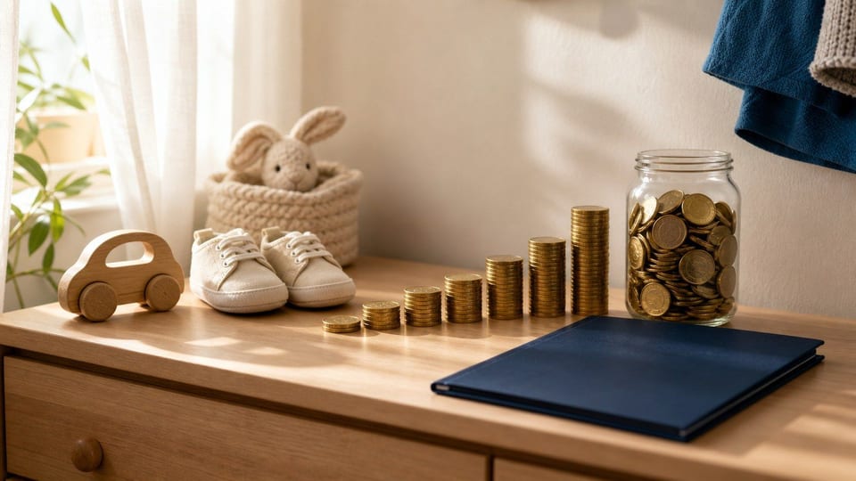 Cómoda de bebé con zapatitos, juguete de madera, carpeta azul de ahorro y un frasco con monedas sin marcas.