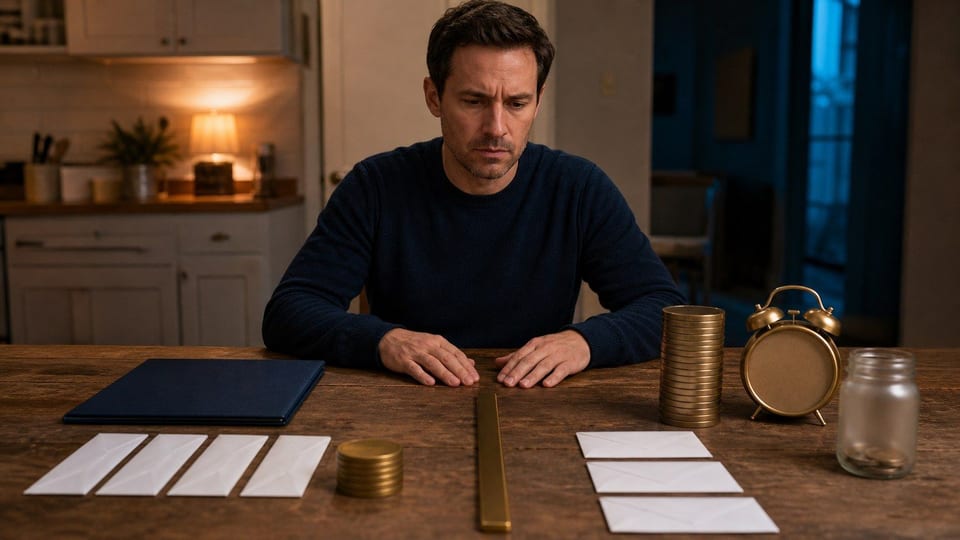 An American borrower compares a personal loan folder with payday loan envelopes, coin stacks, and an alarm clock at a kitchen table.