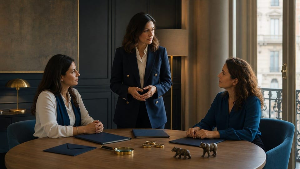 Tre professioniste della finanza discutono intorno a un tavolo con cartelle vuote, dischi metallici e simboli di mercato.