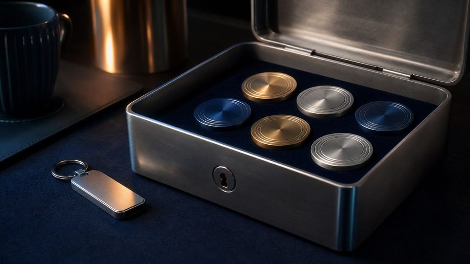 Cartera física de criptomonedas y tokens resguardados en una caja de seguridad sobre una mesa.