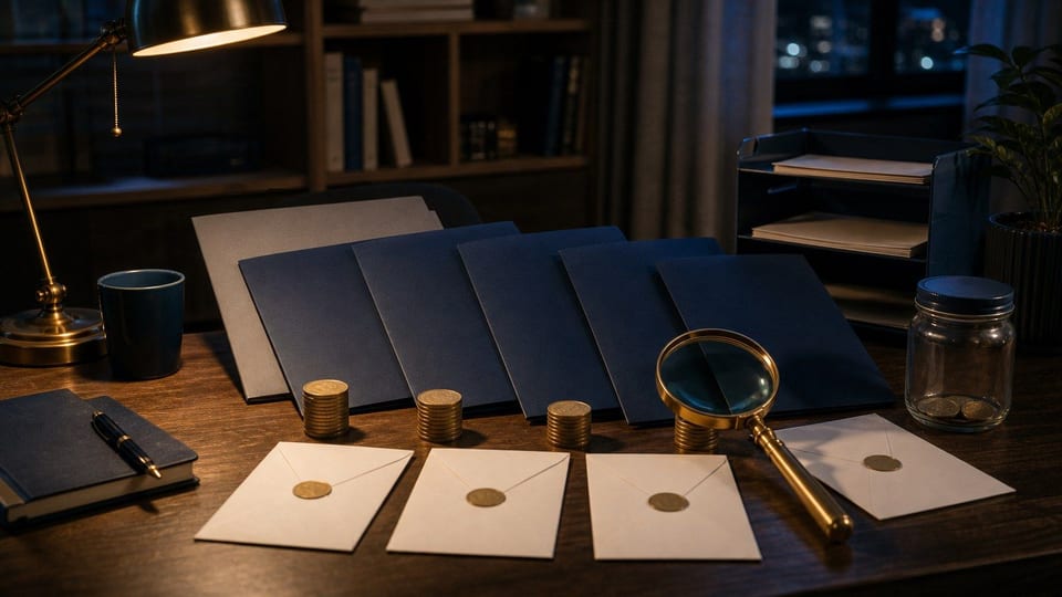 Several blank loan alternative folders are compared by cost under a magnifying glass.