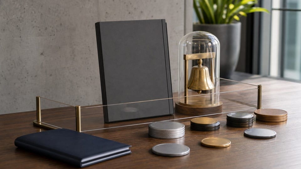 A blank IPO folder, exchange bell, and unmarked digital-asset tokens wait behind a clear barrier before a proposed public listing.