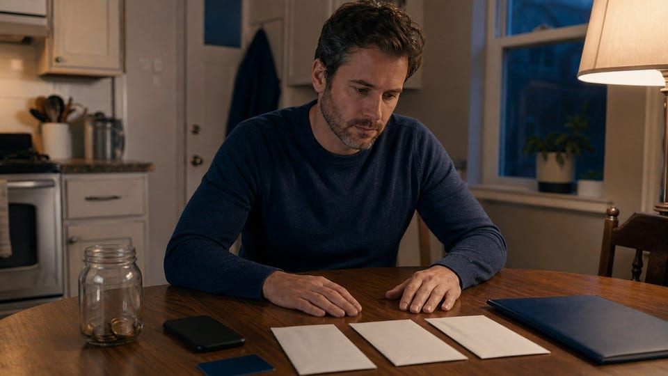 A borrower compares payday loan envelopes beside a face-down phone, debit card, budgeting folder, and coin jar.