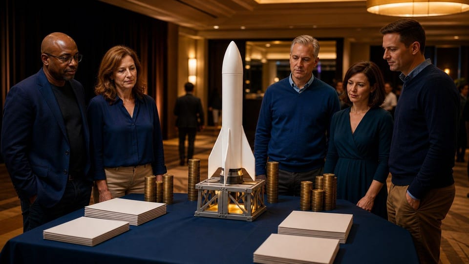 Everyday investors gather around an unbranded rocket model, blank subscription folders, and brass money markers at an investor event.