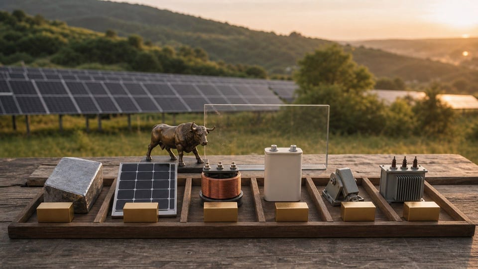 Sześć stanowisk analizy akcji fotowoltaicznych z elementami paneli, falownika, magazynu energii i projektu energetycznego.