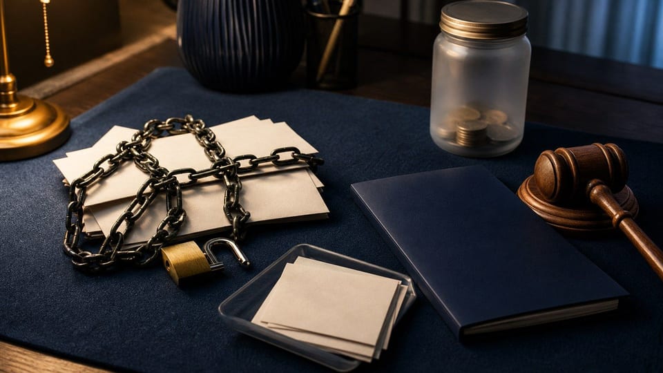 Bureau de dettes avec des enveloppes vierges libérées par une chaîne ouverte et un cadenas.