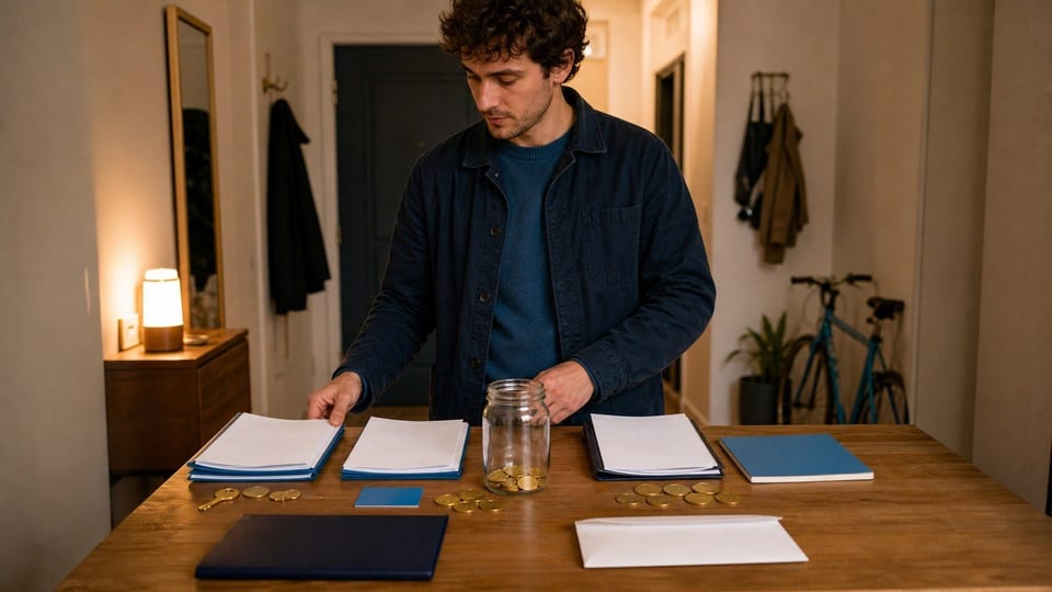 Un jeune actif trie des dossiers d’aides financières avec des pièces, un budget et une enveloppe de salaire.