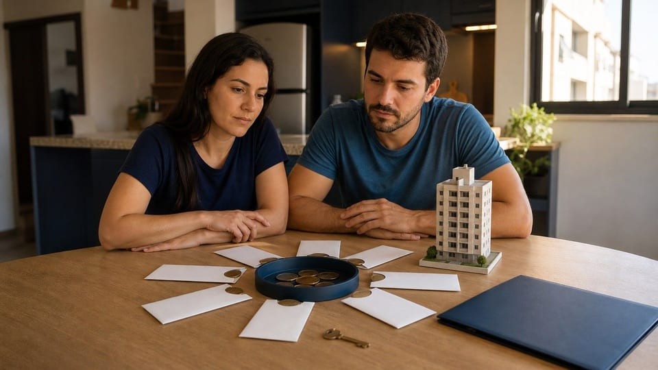 Casal brasileiro em uma mesa de cozinha planejando um consórcio de imóvel com envelopes de contribuição, moedas, chave e modelo de apartamento.