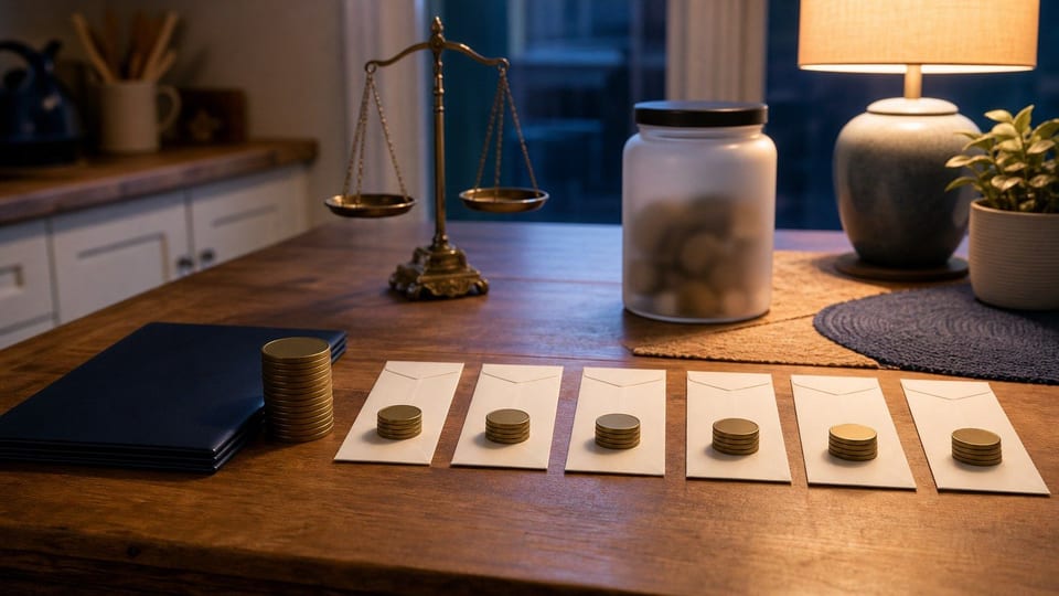 A blank loan folder, equal monthly envelopes, and matching coin stacks show fixed installment payments.