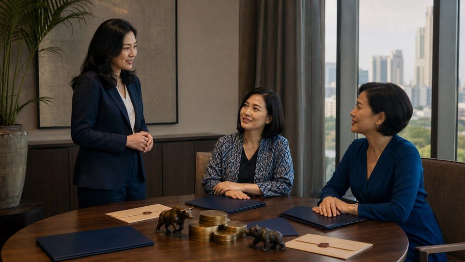 Tiga pemimpin bisnis dan keuangan perempuan Indonesia berdiskusi di ruang rapat dengan map kosong, amplop bisnis, koin polos, dan figur pasar kecil.