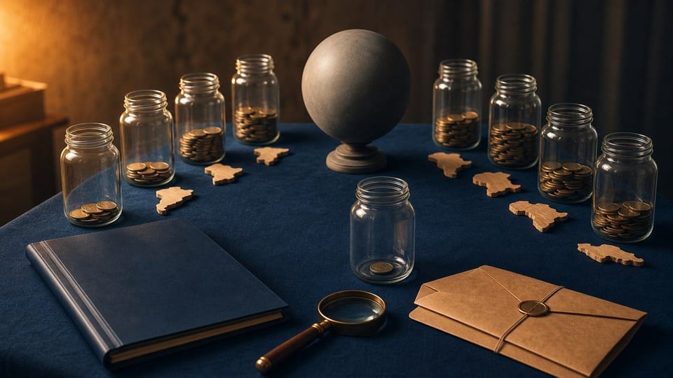 Una mesa con un globo sin marcas, figuras de paises y frascos con distintas cantidades de monedas sin marcas.