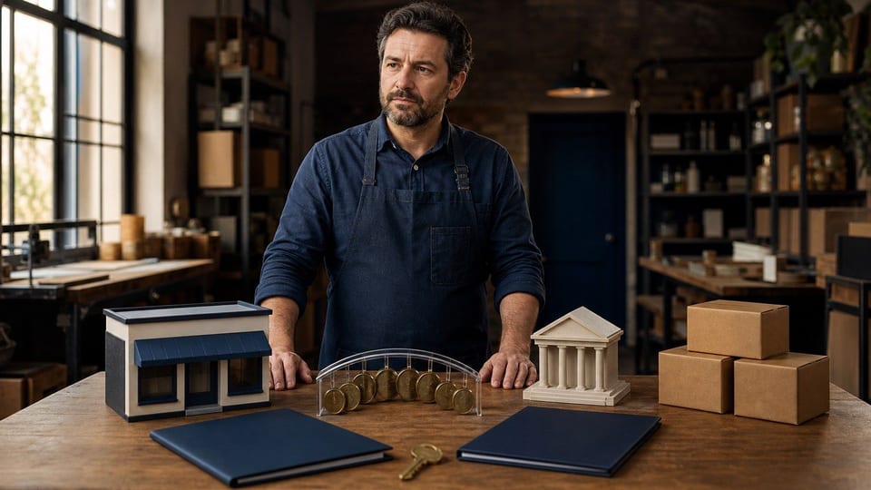 A small-business owner stands at a shop worktable with blank loan folders, a storefront model, keys, boxes, and brass discs.