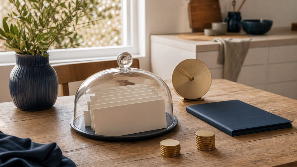 Une table montre des enveloppes de mensualité déplacées sous une cloche, un dossier de prêt et des pièces en attente.