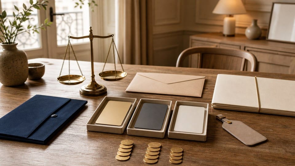 Comparaison de cartes premium vierges avec accessoires de voyage et éléments de coût sur une table en bois.