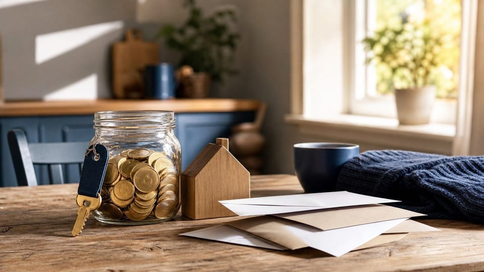 A home down payment scene shows a savings jar, brass house key, small house model, and blank household envelopes.