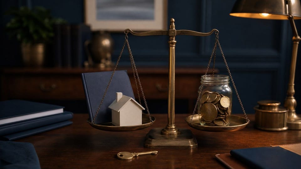 Une balance en laiton compare un dossier de dettes et une maquette de logement avec un bocal de revenus rempli de pièces.