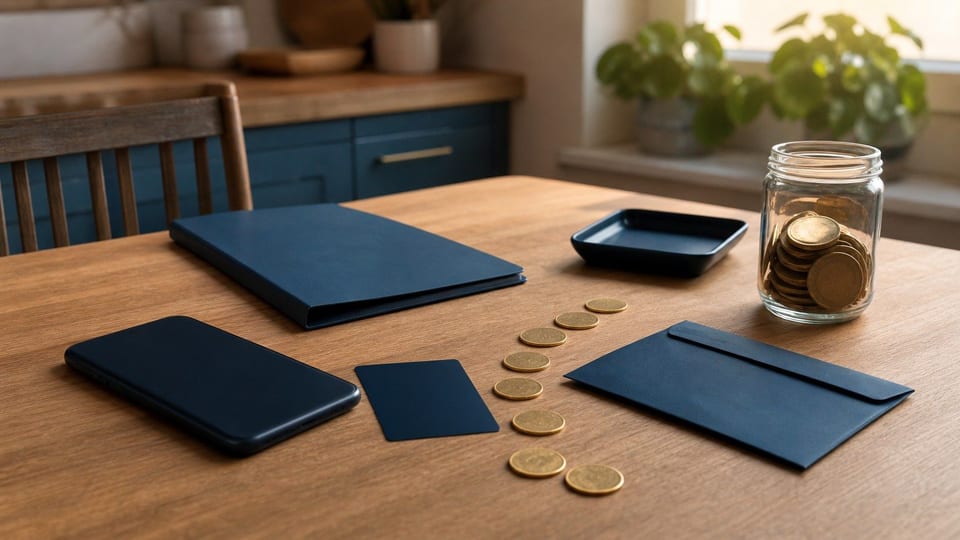 A face-down phone, blank debit card, transfer folder, deposit envelope, coins, and wallet show ways to add money.