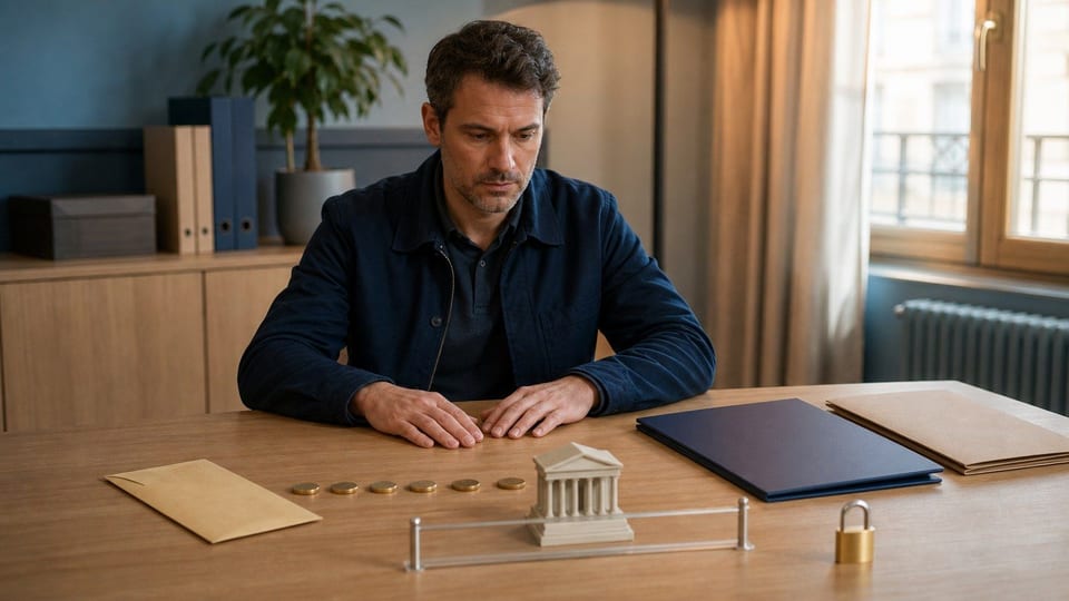 Un agent public examine un dossier de crédit avec une enveloppe de salaire, un modèle de bâtiment public et des piles de pièces.
