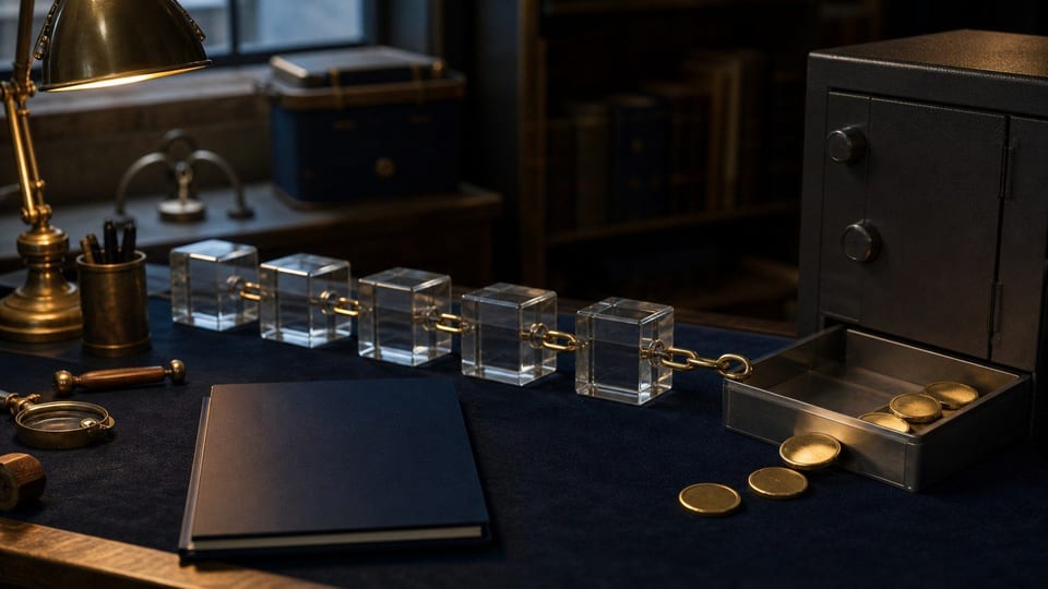 Propojené skleněné bloky na modrém plátně ukazují blockchain s mincemi a uzavřenou účetní složkou.