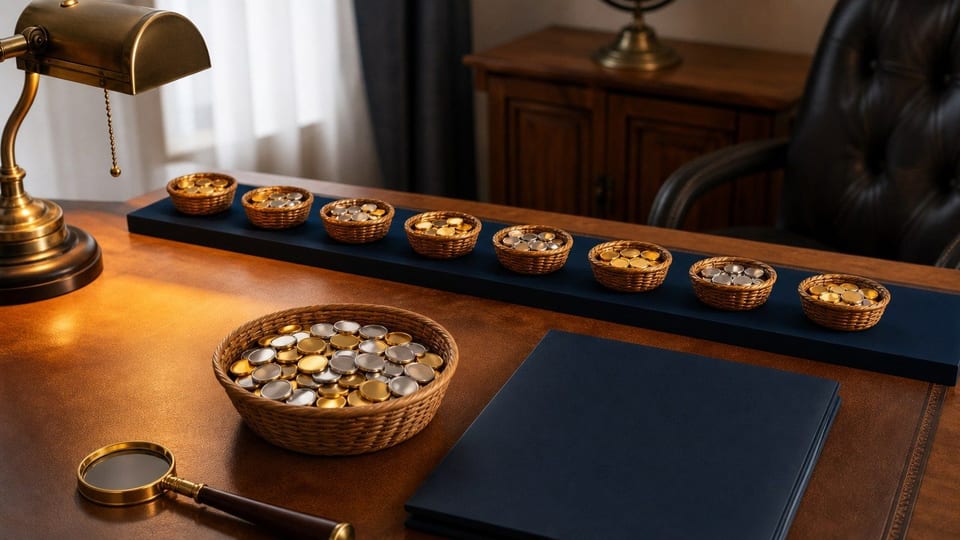 Baskets of mixed coins align along a benchmark rail beside a blank fund folder and magnifying glass.