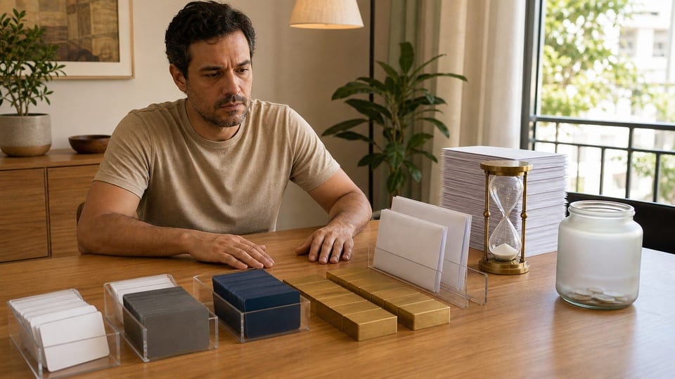 Pessoa analisa cartões, faturas e o peso dos juros do crédito em uma mesa doméstica.