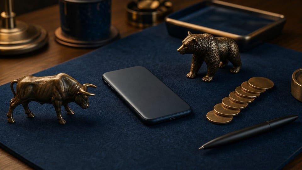 Un smartphone face cachée sur un feutre bleu marine, entouré de figurines de marché et de pièces métalliques.