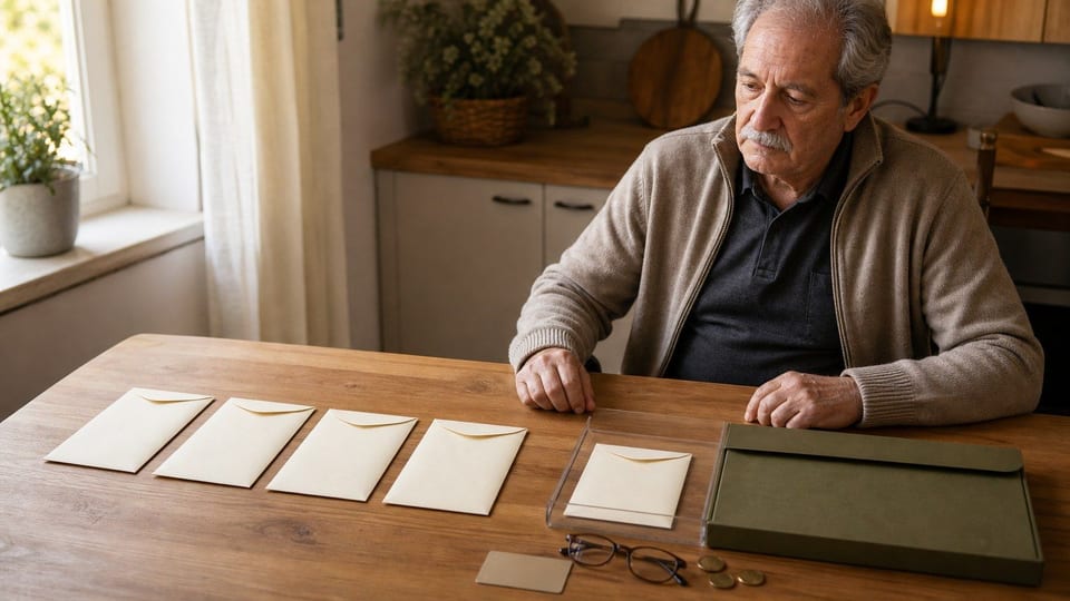 Un pensionato italiano valuta una trattenuta di un quinto della pensione con cinque buste e una cartella del prestito sul tavolo.
