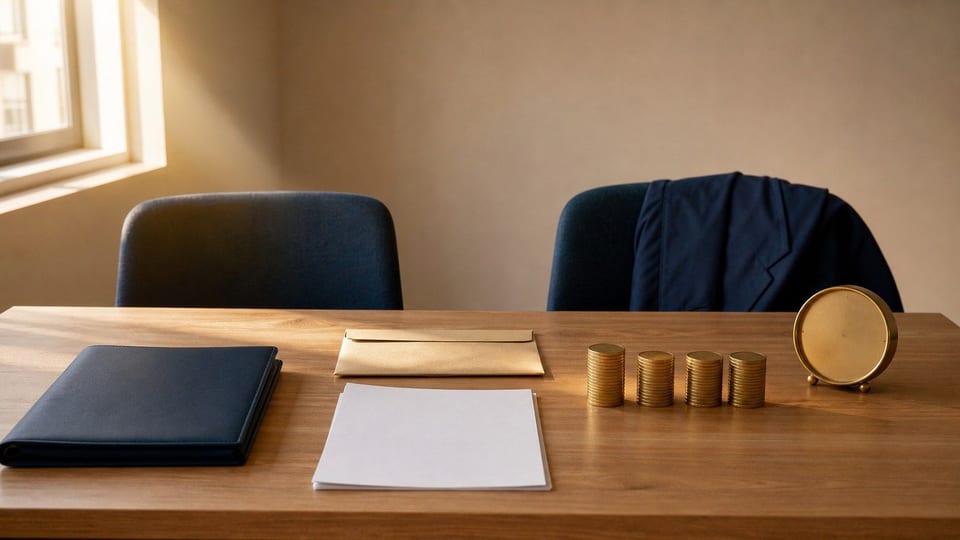 Mesa de entrevista con carpeta de portafolio, hojas en blanco, sobre de salario y pilas de monedas sin marcas.