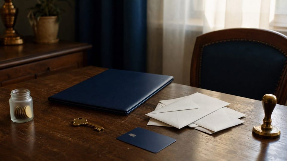 Table de succession avec dossier bancaire vierge, carte face cachée, clé et documents de compte joint.