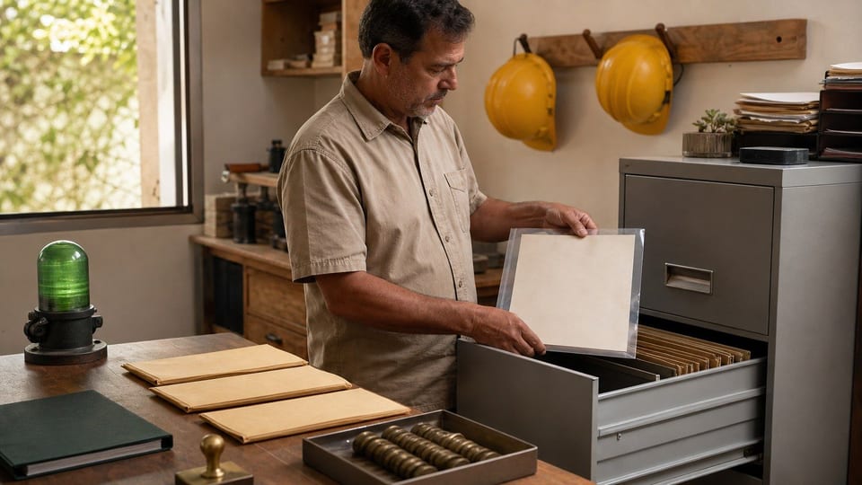 Empregador arquiva um certificado em um escritório com envelopes de pagamento, moedas e capacetes de segurança.