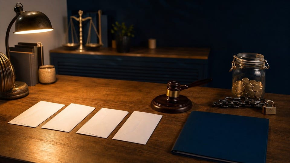 Una mesa legal de deudas muestra sobres en proceso, una carpeta azul, un mazo, una cadena y un frasco de monedas.