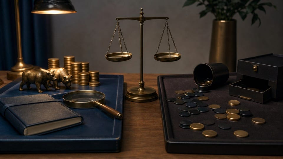 Meja bankir yang membandingkan trading forex teratur dengan risiko judi melalui timbangan, figur banteng dan beruang, koin polos, serta token permainan kosong.