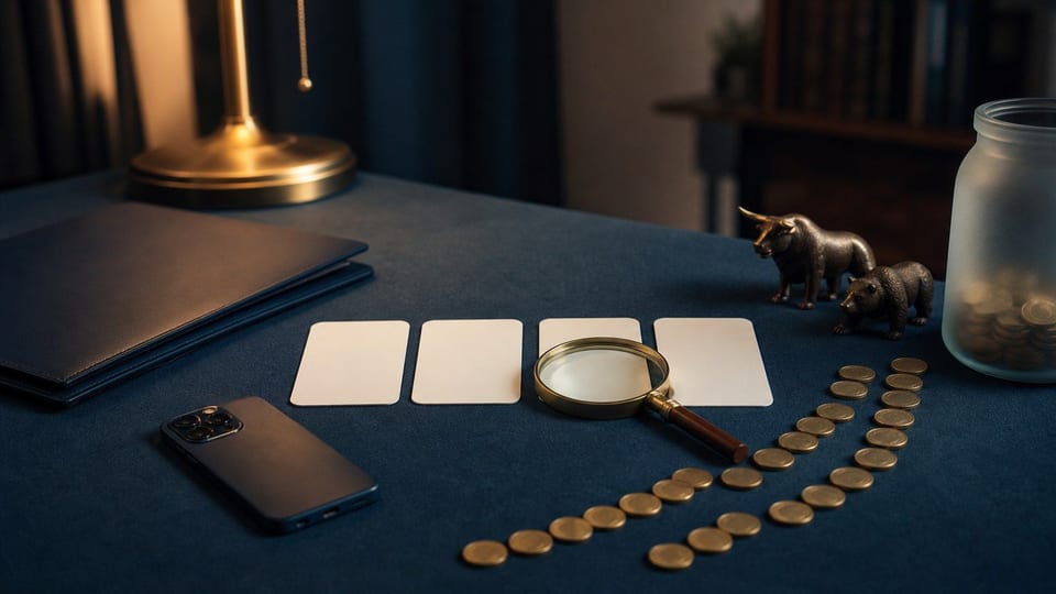 Mesa de comparação de aplicativos de investimento com celular virado para baixo, cartões em branco e discos metálicos.
