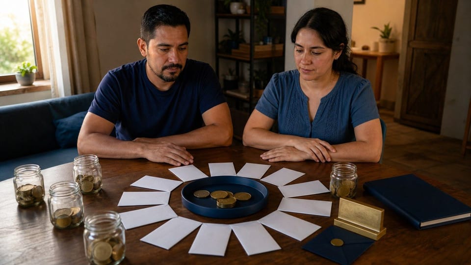 Dos personas organizan sobres y monedas en círculo para una tanda de ahorro.